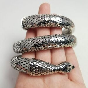 Vintage Triple Coil Snake Bangle Bracelet Silver Tone Scale Flexible Adjustable